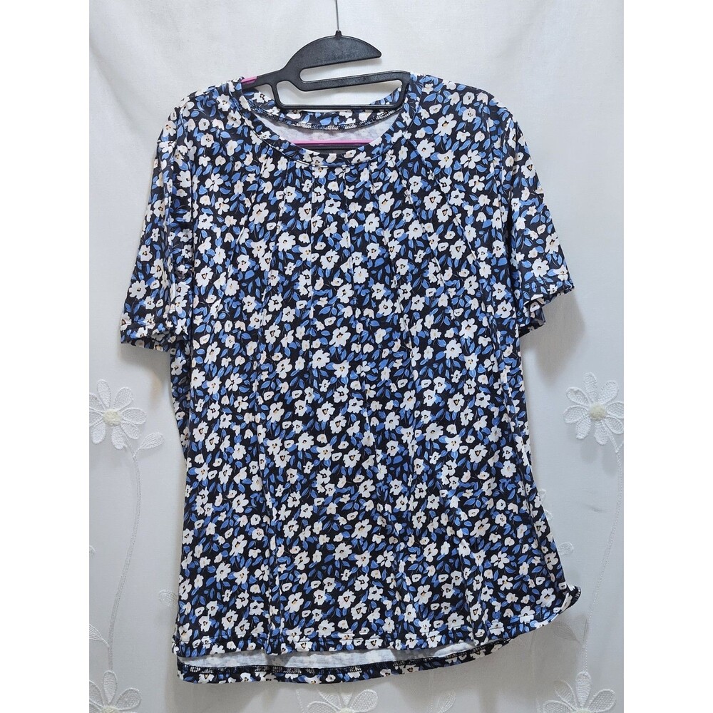 Kistore Womens XL Blue Top Floral Pleated Botanical Cottagecore Ditsy Bloom Chic